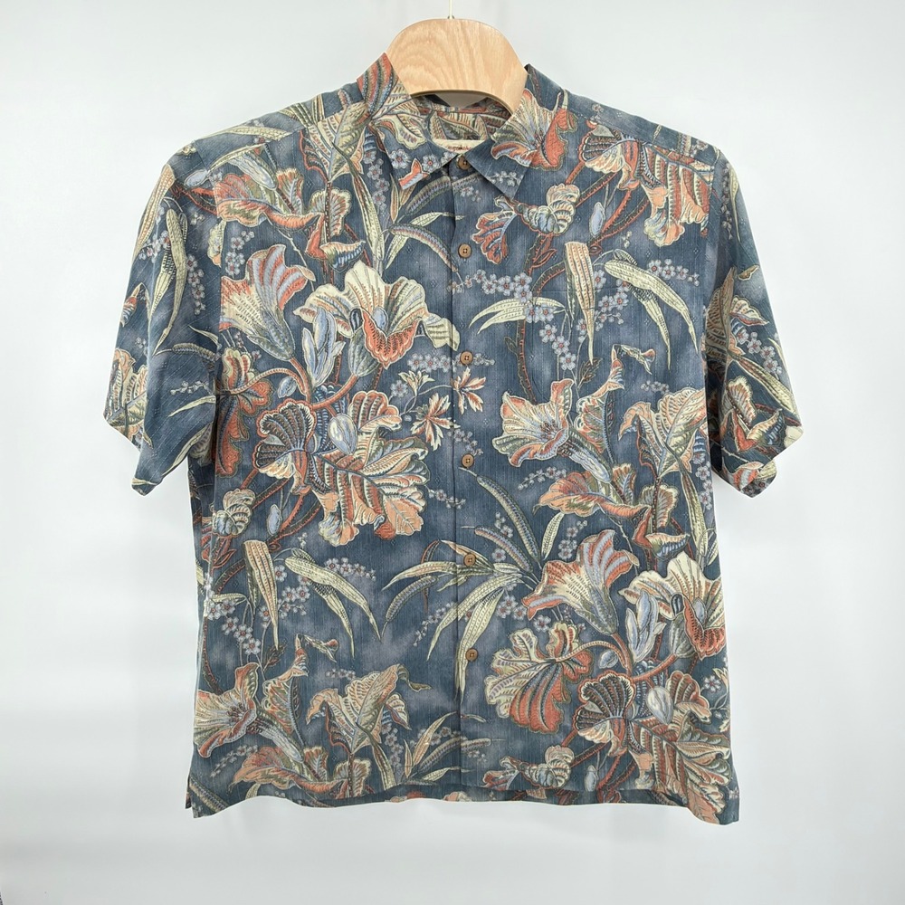 Tommy Bahama Button Front Mens XL Blue Orange Tan Silk Floral Tropical Shirt